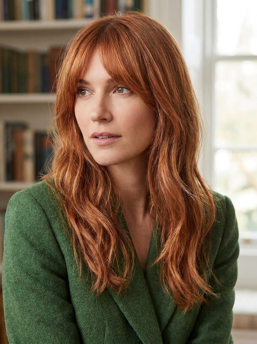 Kupfer Haare mit Curtain Bangs - Kupfer Haarfarbe